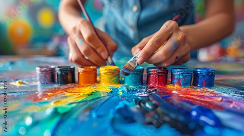 A close-up of a person's hands painting a rainbow flag illustrating the act of self-expression and pride photo