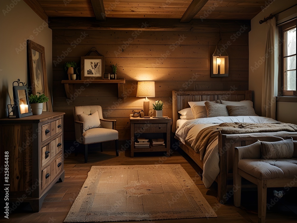 Cozy bedroom featuring rustic furniture and warm lighting, generative AI