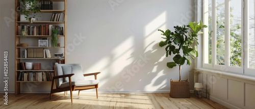 Scandinavian interior with a white wall mockup, wooden floor, minimalist bookshelf, armchair, and large window © Starkreal