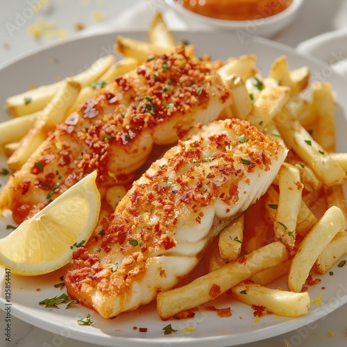 a classic lightly battered fish fillet infused with secret herbs, served with a generous amount of fries alongside a tomato sauce