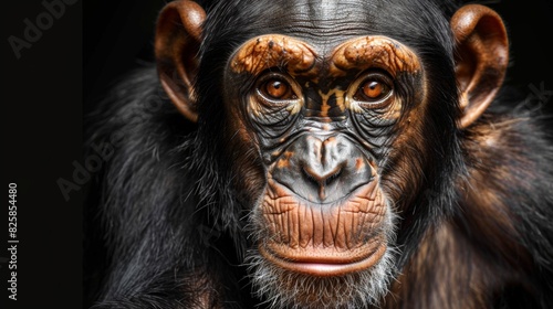 Insightful gaze of a young captive chimpanzee against a dark background