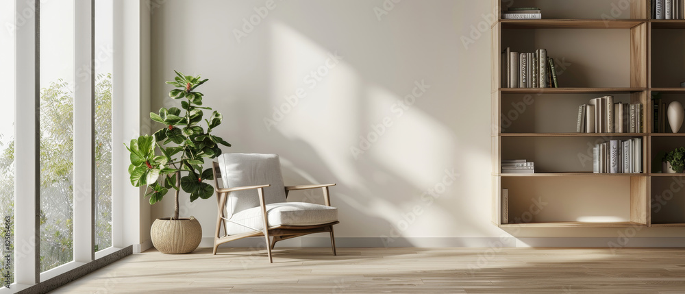 Modern living room interior with a white wall mockup, wooden flooring, minimalist bookshelf, and cozy armchair by the window Modern living room interior with a white wall mockup, wooden flooring, minimalist bookshelf, and cozy armchair by the window