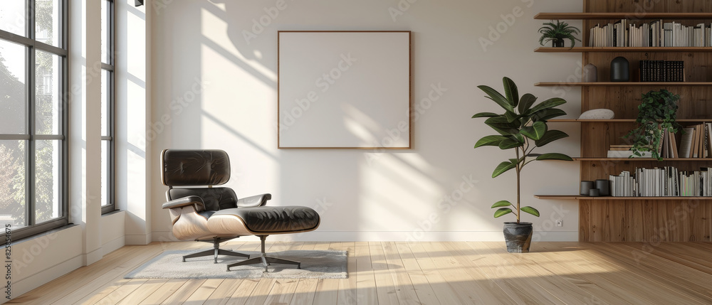 © Starkreal - Modern living room interior design featuring white empty wall mockup, wooden floor, book shelf, armchair, and window, ideal for showcasing products © Starkreal - Modern living room interior design featuring white empty wall mockup, wooden floor, book shelf, armchair, and window, ideal for showcasing products