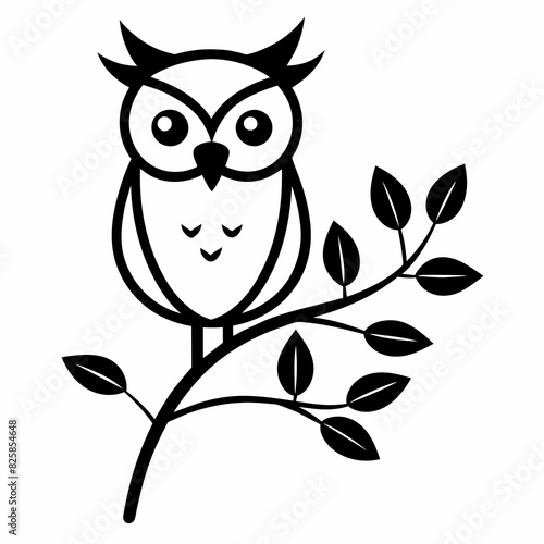 Vector branch flower owl line art illustration