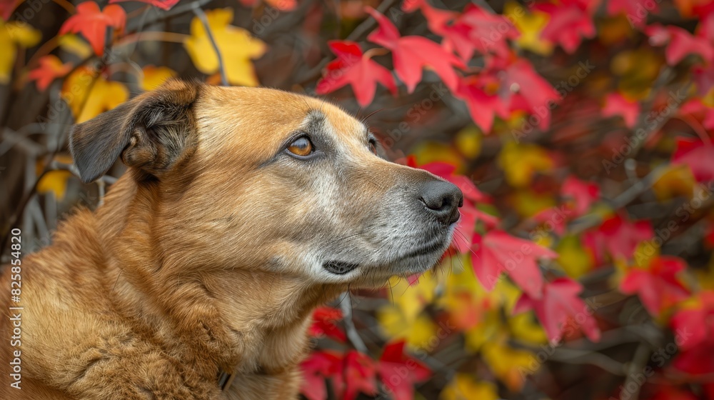 Close-up of a dog in front of a tree with red and yellow leaves Background features a tree displaying similar hues Close-up of a dog in front of a tree with red and yellow leaves Background features a tree displaying similar hues
