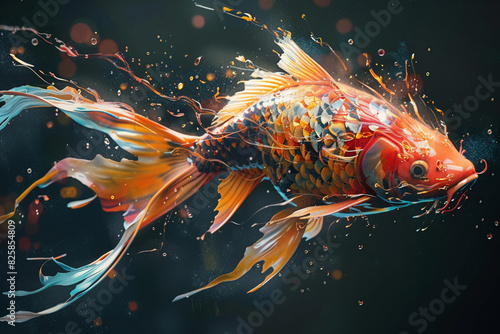 Create an image of a dynamic paint splash that morphs into the shape of a fish, with paint drops forming the scales and fins 