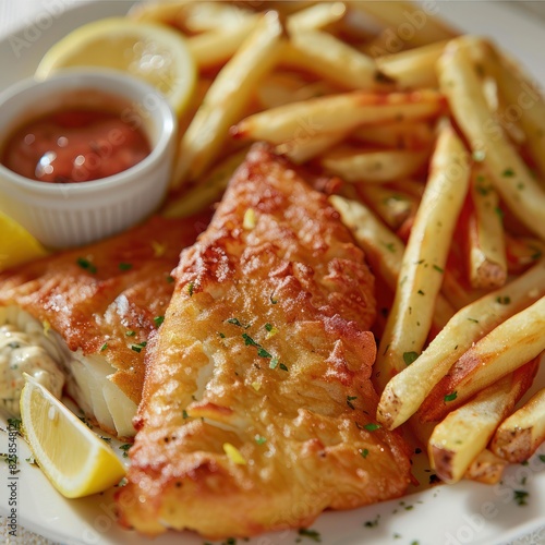 a classic lightly battered fish fillet infused with secret herbs, served with a generous amount of fries alongside a tomato sauce photo