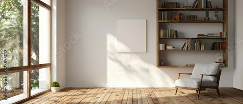 Minimalist interior design with white wall, wooden flooring, minimal book shelf, armchair, and window Ideal for artwork display photo