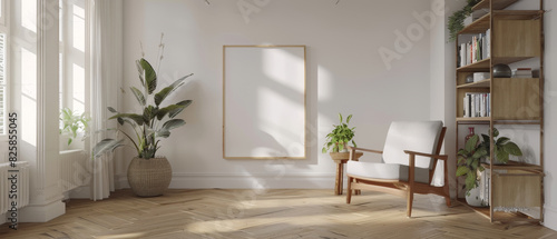 Living room with white empty wall mockup  wooden floor  book shelf  armchair  and window  modern minimalist style  3D rendering suitable for displaying artwork
