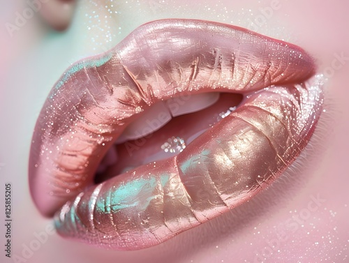 Lips Adorned with Radiant Rose Gold Lipstick in High Definition