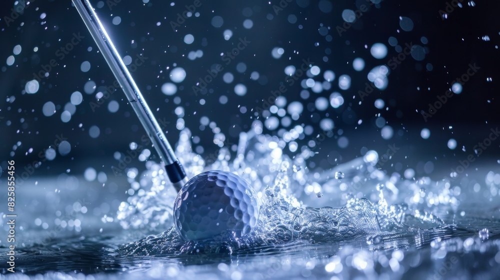 Dynamic golf ball impact with water splash on dark background Dynamic golf ball impact with water splash on dark background