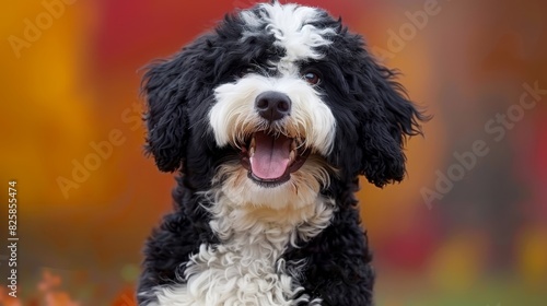  A black-and-white dog with its mouth wide open, tongues out