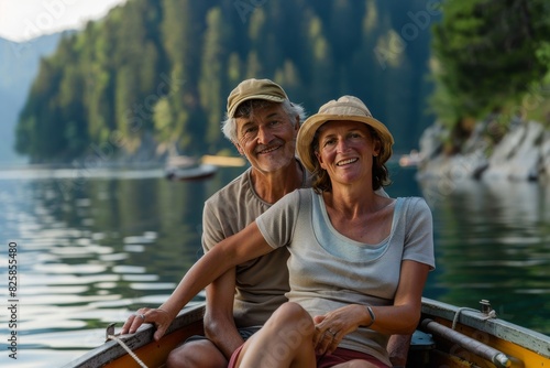 Peaceful ageless couple relaxing on a boat in a lake
