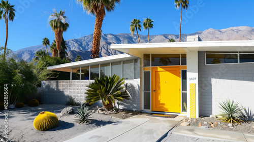 Retro MCM architecture of Palm Springs white house yellow front entrance door midcentury modern 50s  summer desert real estate mountain home landscape palm tree agave cactus path breeze blocks garden 