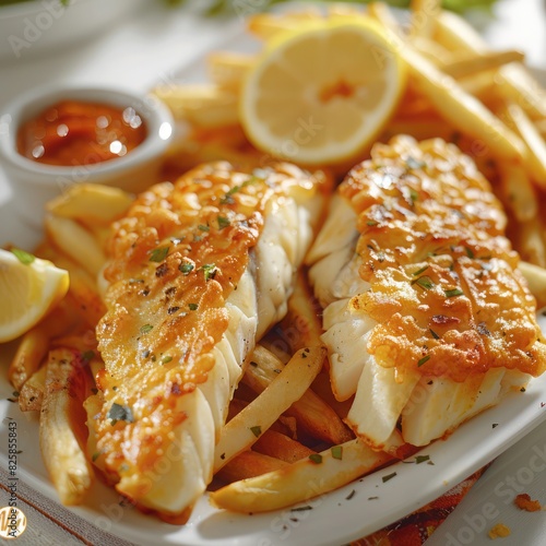 a plate of fried fish fillet infused with herbs with a crunchy exterior served with a load of fries on a white plate