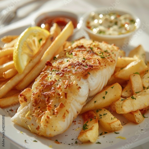 a plate of fried fish fillet infused with herbs with a crunchy exterior served with a load of fries on a white plate