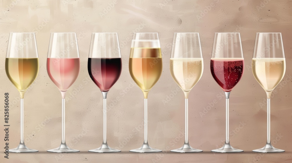 Elegant collection of various wine glasses with diverse wine colors Elegant collection of various wine glasses with diverse wine colors