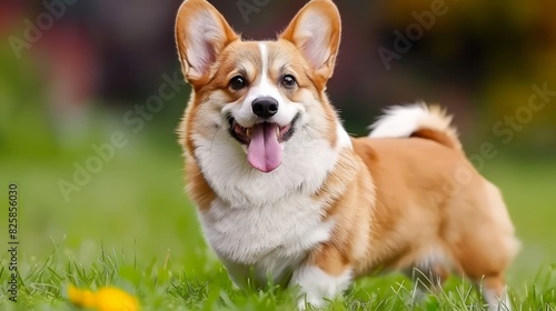  A small brown-and-white dog stands atop a lush, green field, holding a yellow ball in its mouth Its tongue hangs to one side