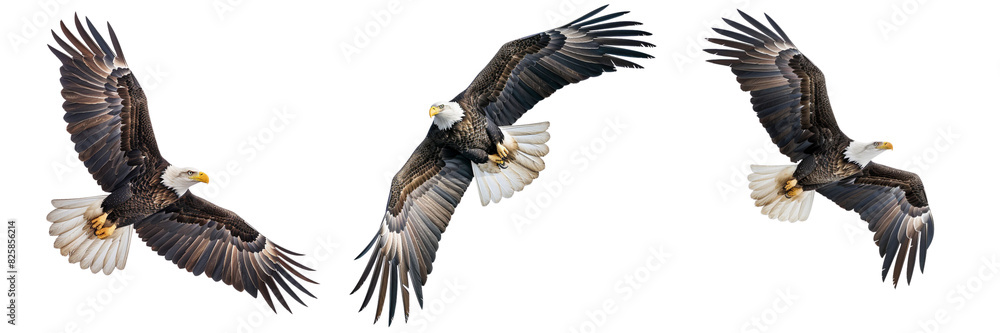 Set of American Eagle soaring majestically, wings spread wide, isolated on a transparent background