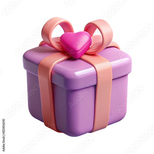 A 3D cartoon illustration of a purple gift box wrapped with pink ribbon and a heart-shaped bow on top, conveying a sense of celebration, surprise, and joy.