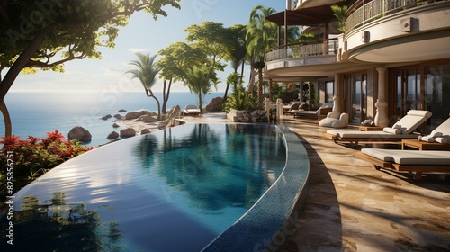 A pool background with a luxurious infinity pool overlooking the ocean, surrounded by sun loungers and cabanas, creating a high-end resort atmosphere. photo
