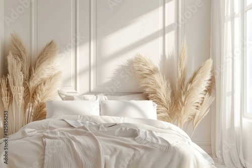 Serene white bedroom interrior with natural light and pampas grass decor photo
