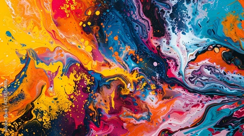 Vivid splashes of color leap across the canvas, mingling with textured layers to form a mesmerizing tapestry of abstract expression and playful joy
