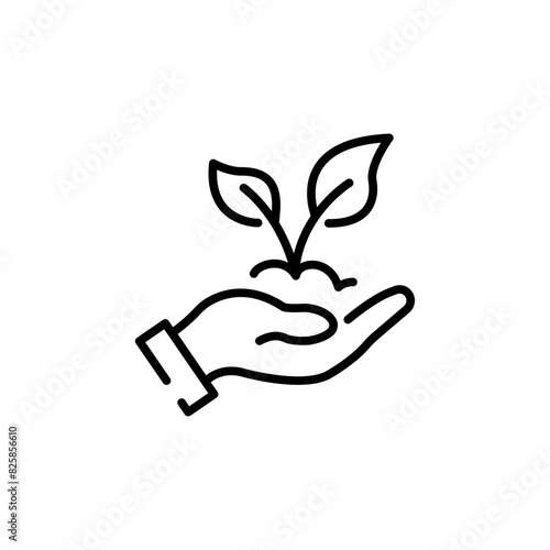 Plant in hand line icon. Hand holding plant with leaves vector outline sign.