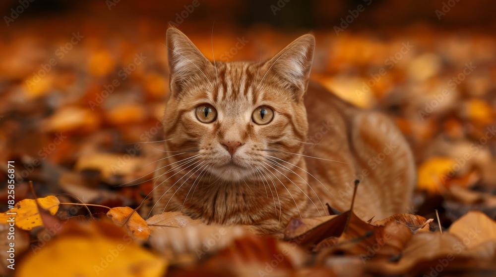  A close-up of a cat atop a leafy mound, eyes widened, gazing intently at the camera with a grave expression