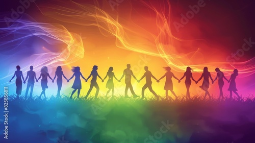 Pride love unity expressed through a diverse group of people holding hands in a circle with a bright rainbow flag in the background