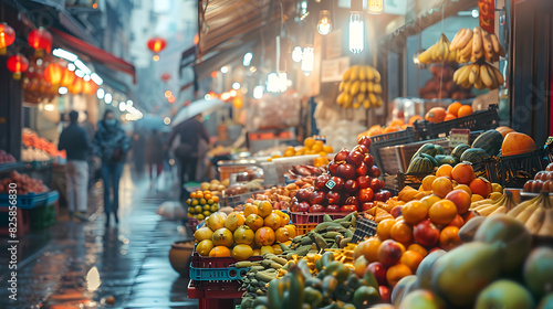 Vibrant Street Food Market: Colorful Stalls in Busy Urban Setting, Perfect for Street Food Tours   High Resolution Image Capturing the Energetic Atmosphere of a Bustling Market Sce photo
