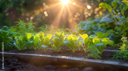 Young green plants in a garden bed, bathed in warm sunlight, symbolizing growth and nature's beauty.