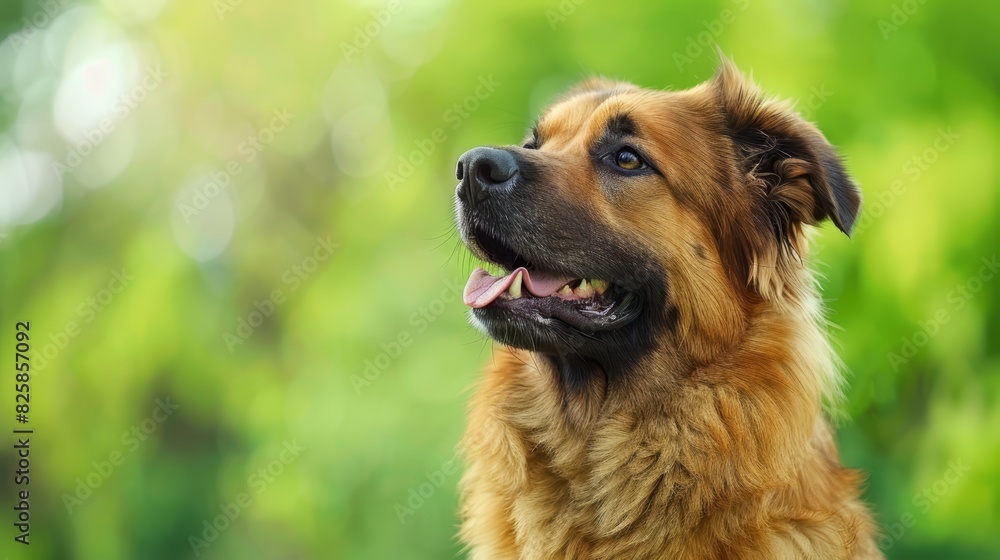 A dog's face in tight focus, background of trees and leaves softly blurred A dog's face in tight focus, background of trees and leaves softly blurred