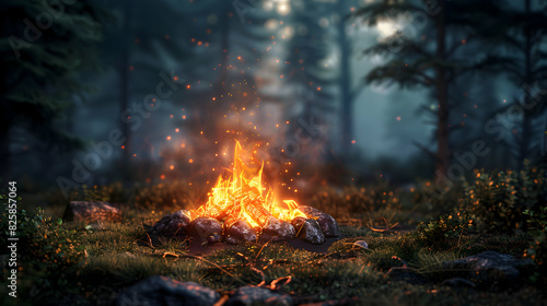 Vivid Campfire Scene in Forest Clearing  High Resolution Image Capturing the Warmth and Camaraderie of Camping During a Backpacking Trip