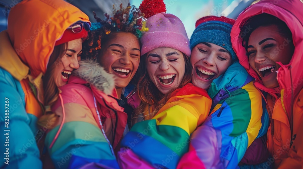 Pride unity love illustrated by a group of friends wearing pride-themed clothing huddled together and laughing joyfully Keywords: friendship joy laughter pride clothing Pride unity love illustrated by a group of friends wearing pride-themed clothing huddled together and laughing joyfully Keywords: friendship joy laughter pride clothing