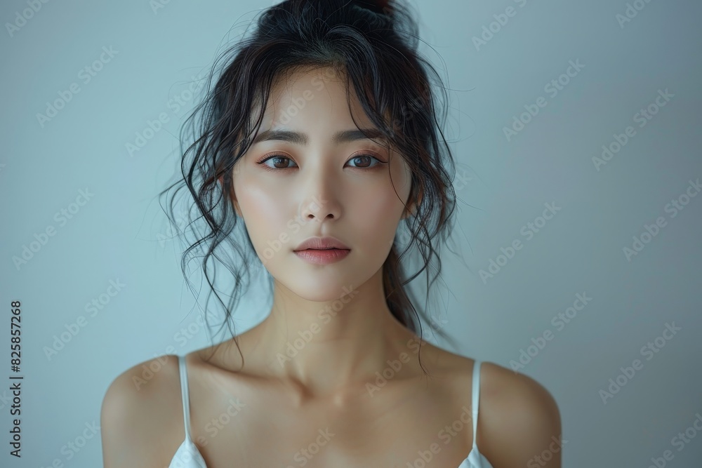 Young Asian woman with tied back loose hair in a white top, gazing intently Young Asian woman with tied back loose hair in a white top, gazing intently