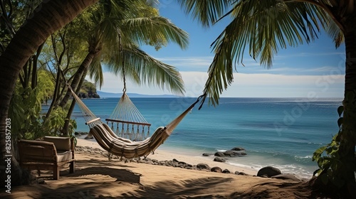 A beach backdrop with a hammock strung between two palm trees  overlooking the ocean  creating a serene and relaxing scene ideal for vacation promotions.