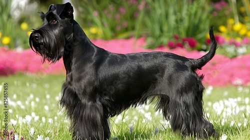  A black Schnauzer stands before a field of white and pink flowers Behind it, pink and yellow blooms unfurl Pink and white flowers populate the backdrop