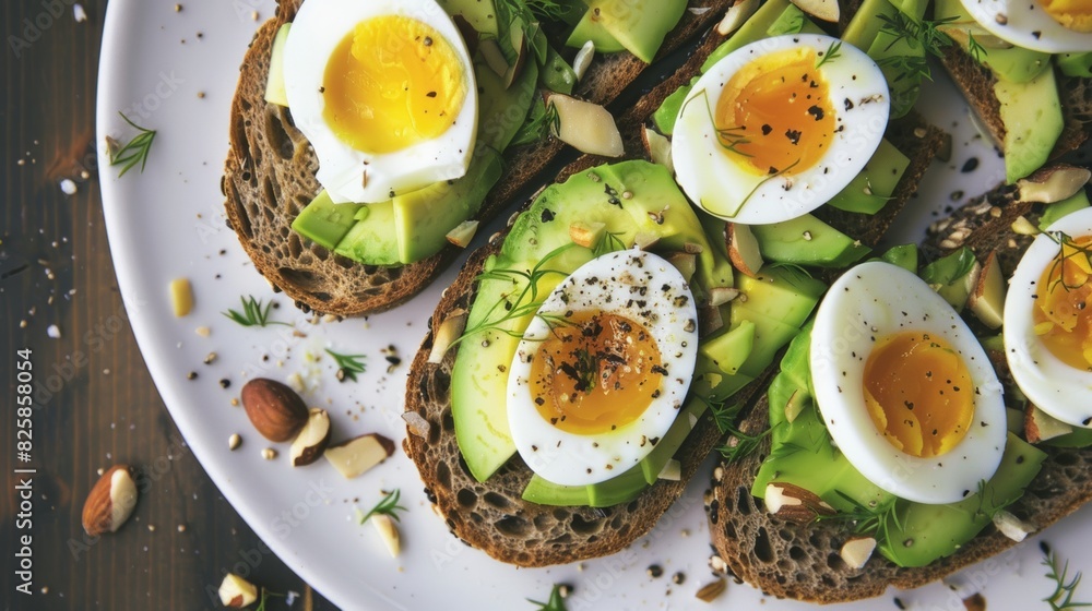 Avocado toast with eggs on rustic wooden background Avocado toast with eggs on rustic wooden background