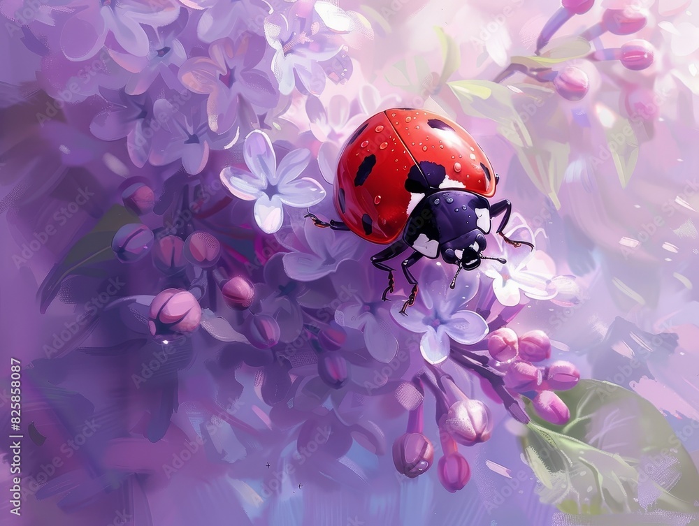 A detailed close-up of a ladybug on delicate purple flowers, showcasing its vibrant red and black colors in a natural setting. A detailed close-up of a ladybug on delicate purple flowers, showcasing its vibrant red and black colors in a natural setting.