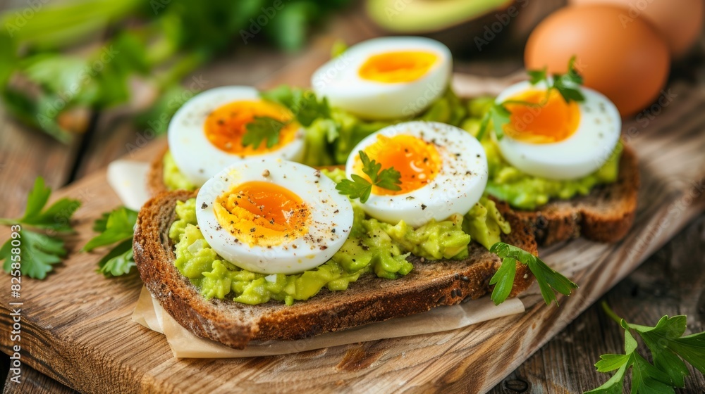 Avocado toast with boiled eggs on rustic wooden table Avocado toast with boiled eggs on rustic wooden table