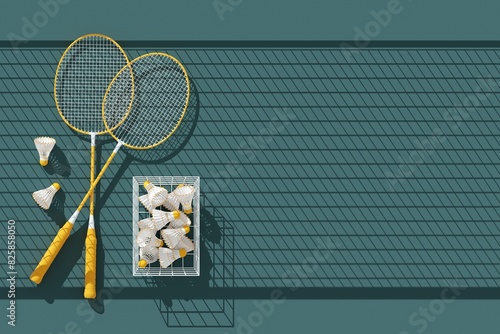 Bright yellow rackets and shuttlecocks in basket under the shadow of the net on dark court. 3d illustration, render. Top view, copy space. Sport background, postcard, flyer, poster.