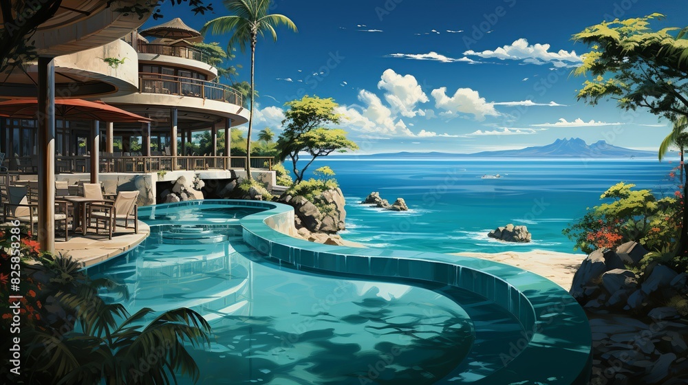 A pool background with an inviting swim-up bar, tropical cocktails, and a view of the ocean, perfect for promoting luxury beachside resorts and vacations.