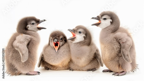 Four adorable fluffy penguin chicks chirping on a white background