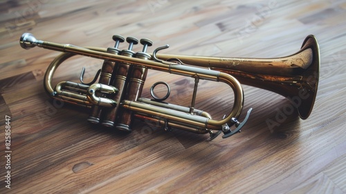 Vintage brass trumpet on wooden floor photo