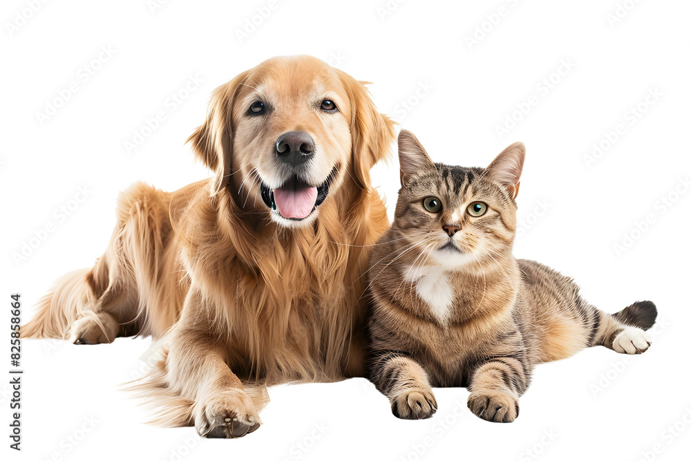 Fototapeta premium Portrait of Happy dog and cat that looking at the camera together, transparent background, png