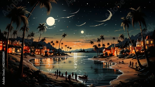 An illustration of a beach party at night with a bonfire, people dancing to live music, and lanterns hanging from palm trees, creating a festive and magical atmosphere. photo