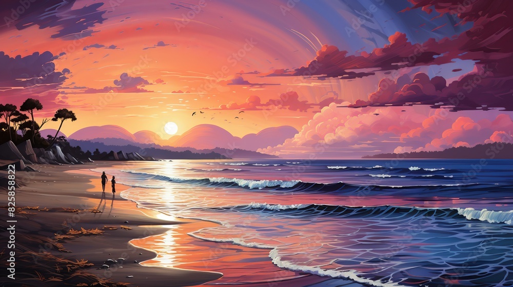 A tranquil beach sunset background with a lone beachcomber walking along the shore, collecting shells, and the sun setting in a blaze of colors over the ocean.