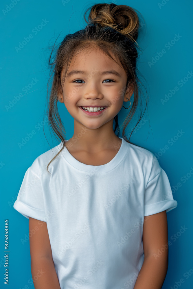 smiling asian girl child's white t-shirt mockup smiling asian girl child's white t-shirt mockup