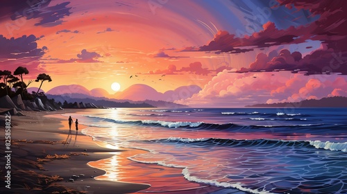 A tranquil beach sunset background with a lone beachcomber walking along the shore, collecting shells, and the sun setting in a blaze of colors over the ocean. photo